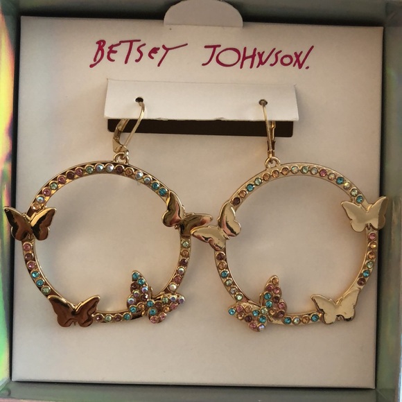 Betsey Johnson Gold Tone Gypsy Hoop Earrings Butterfly & Pastel Crystal Accents - Picture 4 of 12